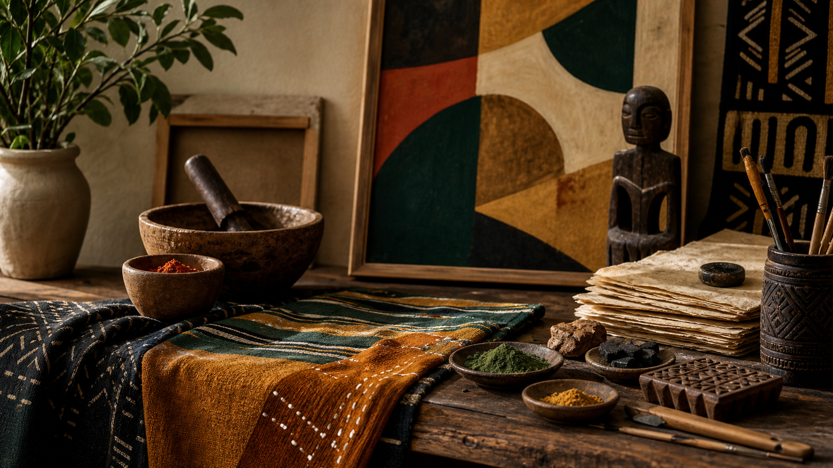 Artist studio still life with textiles, pigment, sculpture, and abstract canvas