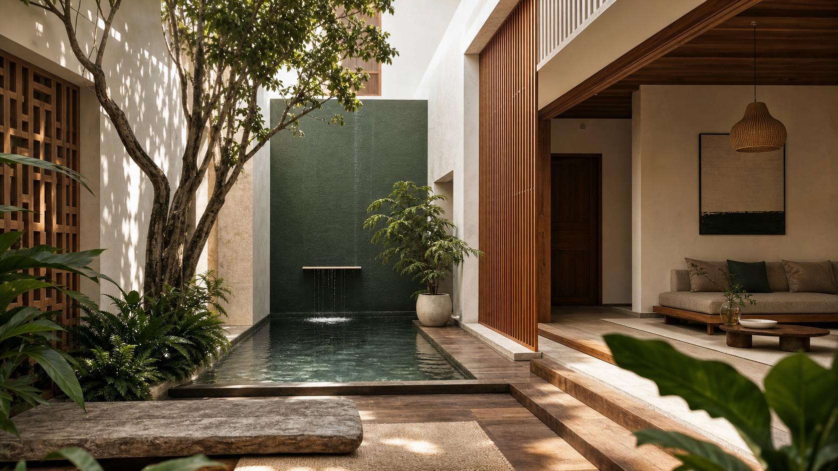 Restorative courtyard interior with plants, water, timber, and soft daylight