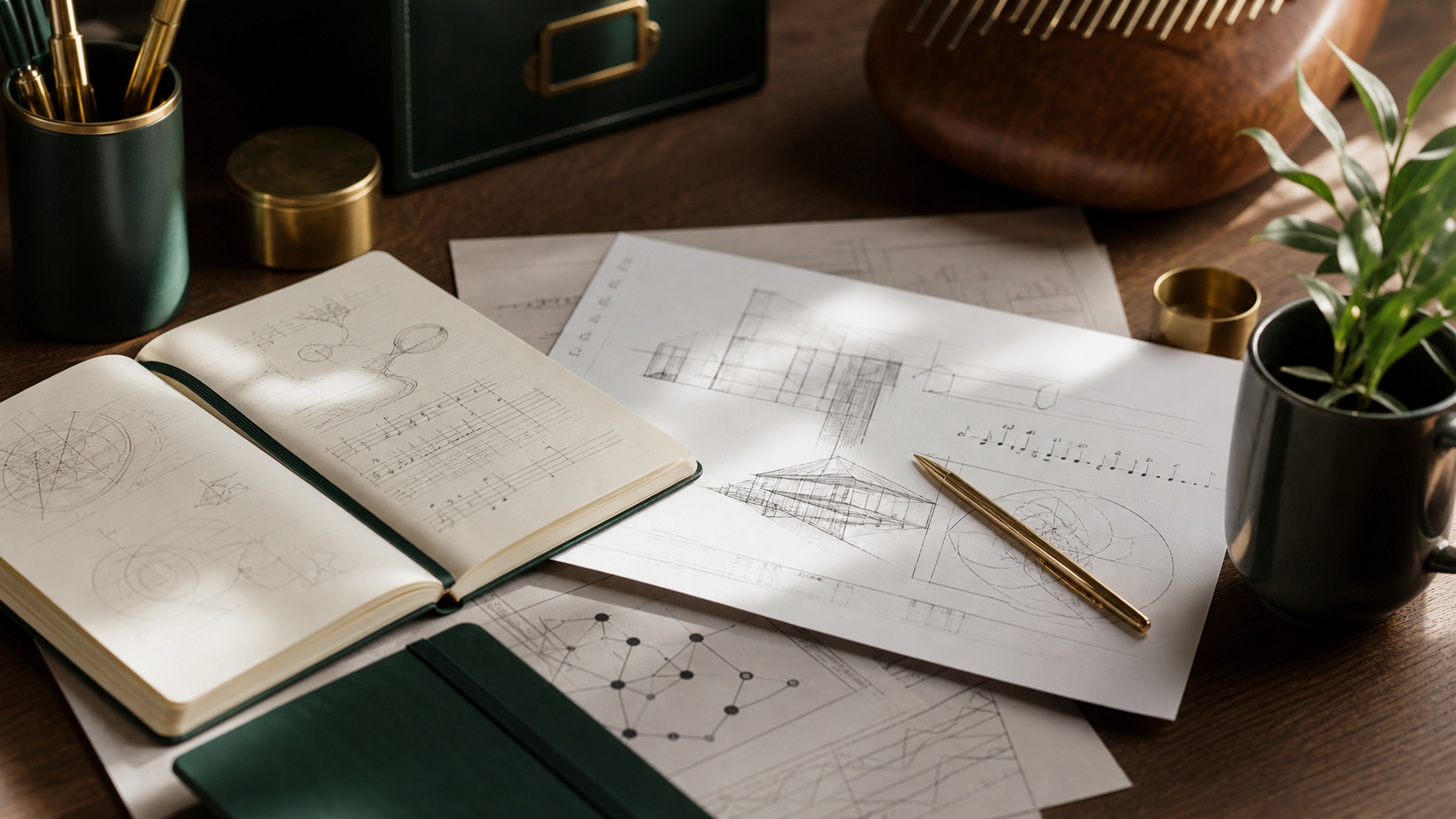 Research desk with sketches, music notes, notebook, brass pen, and plant